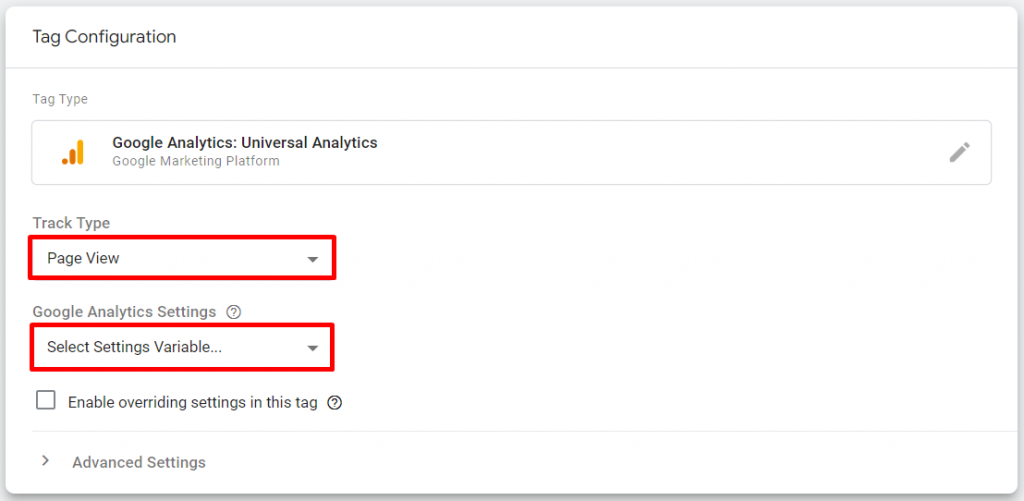 In Tag Configuration, you can configure the track type, Google Analytics settings, and advanced settings.