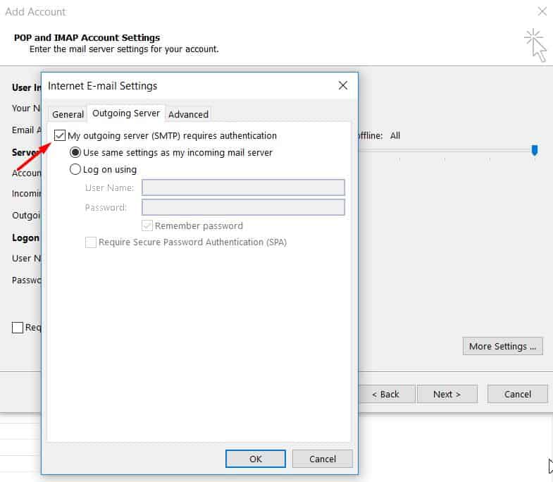 chọn outgoing server authentication trên Microsoft Outlook 2013.