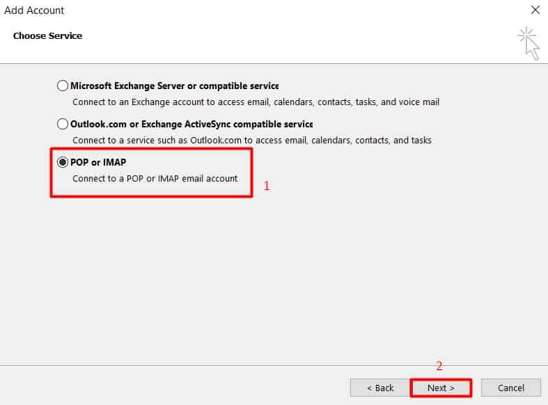Choix de POP ou IMAP dans les paramètres de configuration de Microsoft Outlook 2013.