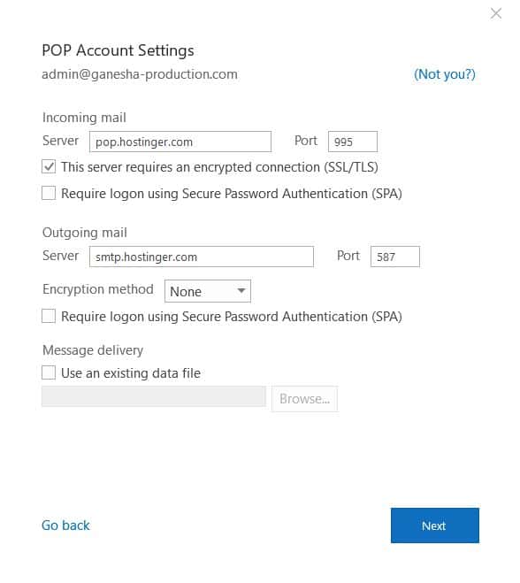 POP account settings on Microsoft Outlook 2016