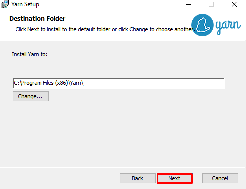 Selecting the destination folder of Yarn on Windows