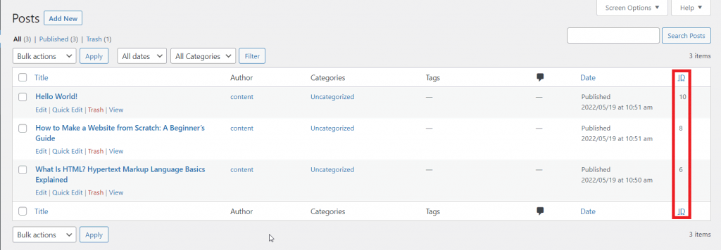 WordPress Posts screen, highlighting a post ID column.