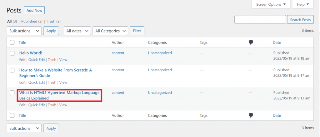 WordPress Posts screen, highlighting a post entitled What Is HTML? Hypertext Markup Language Basics Explained