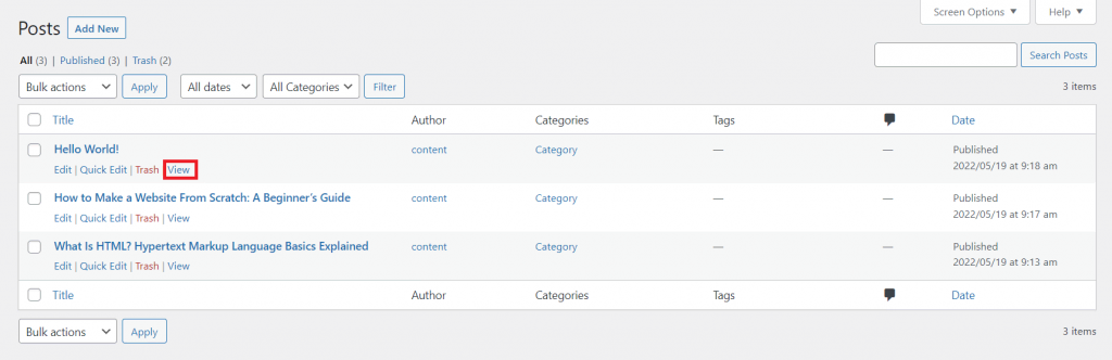 WordPress Posts screen, highlighting the View button.