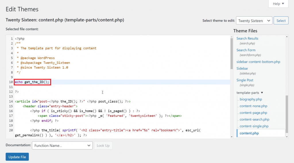 WordPress Theme Editor Screen, highlighting a code snippet