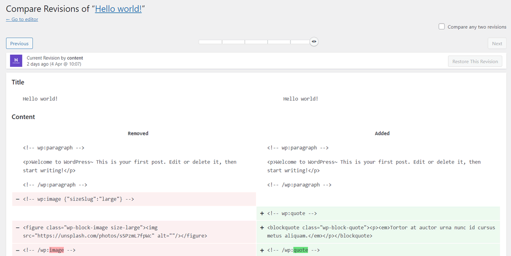 WordPress revisions page interface showing two columns – the selected revision on the right, and the previous version on the left