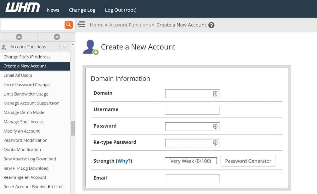 create a new cPanel account with WHM