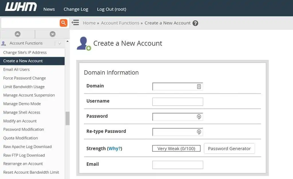 Creating new cPanel account with WHM