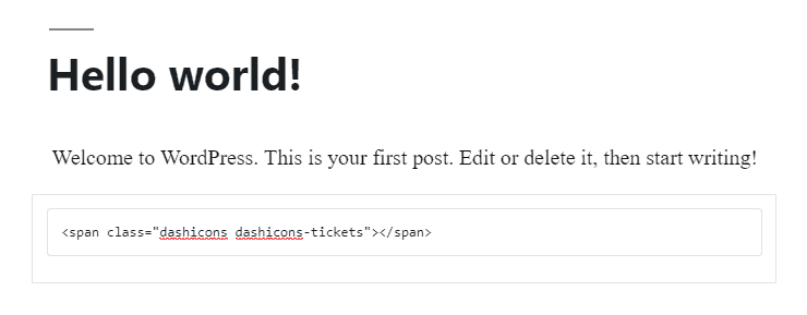 Dashicons' HTML snippet of WordPress ticket icon on post editor