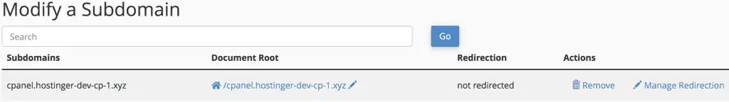 document root section in the subdomains list