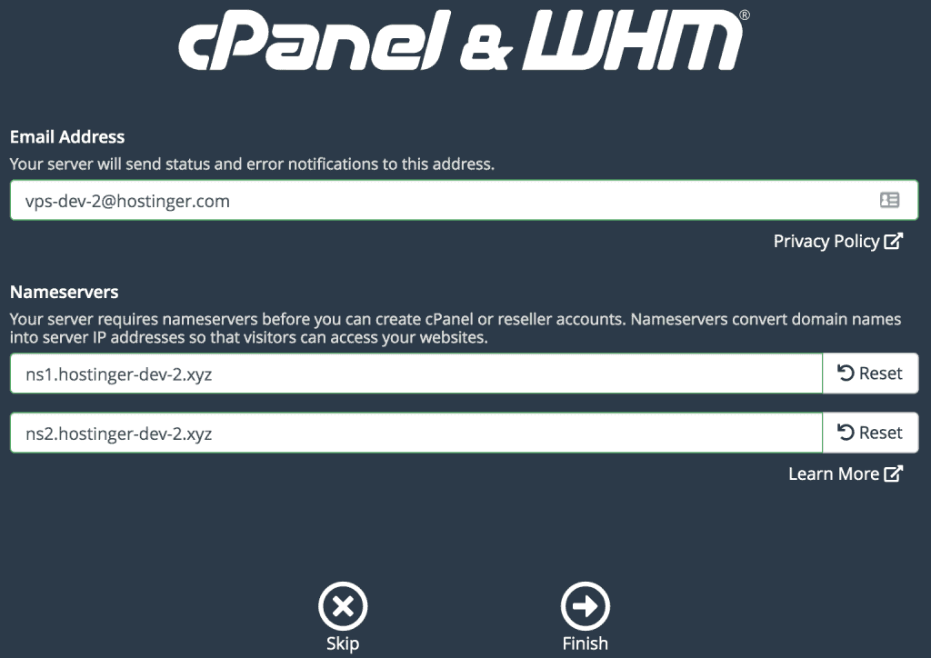 configure the nameserver for whm/cpanel