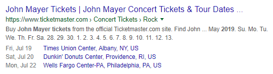 John Mayer's concert schedule page powered with event schema markup