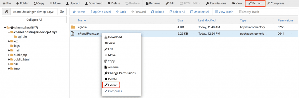 extract cpanel proxy tool to the directory