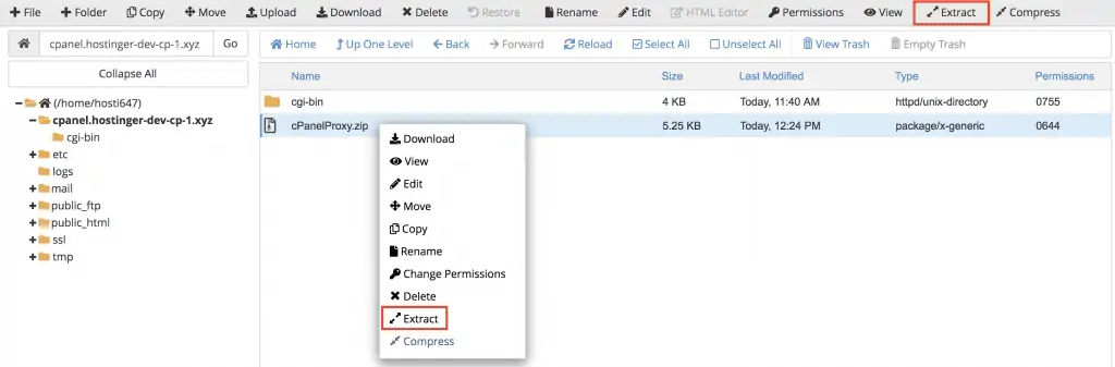 extract cpanel proxy tool to the directory