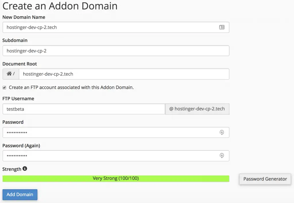 Set up the domain name and ftp account for the addon domain