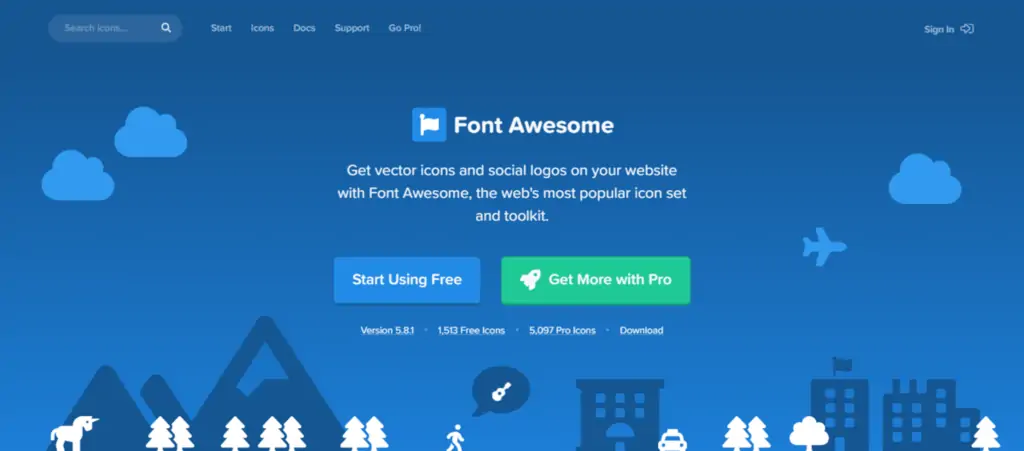 The landing page of Font Awesome site