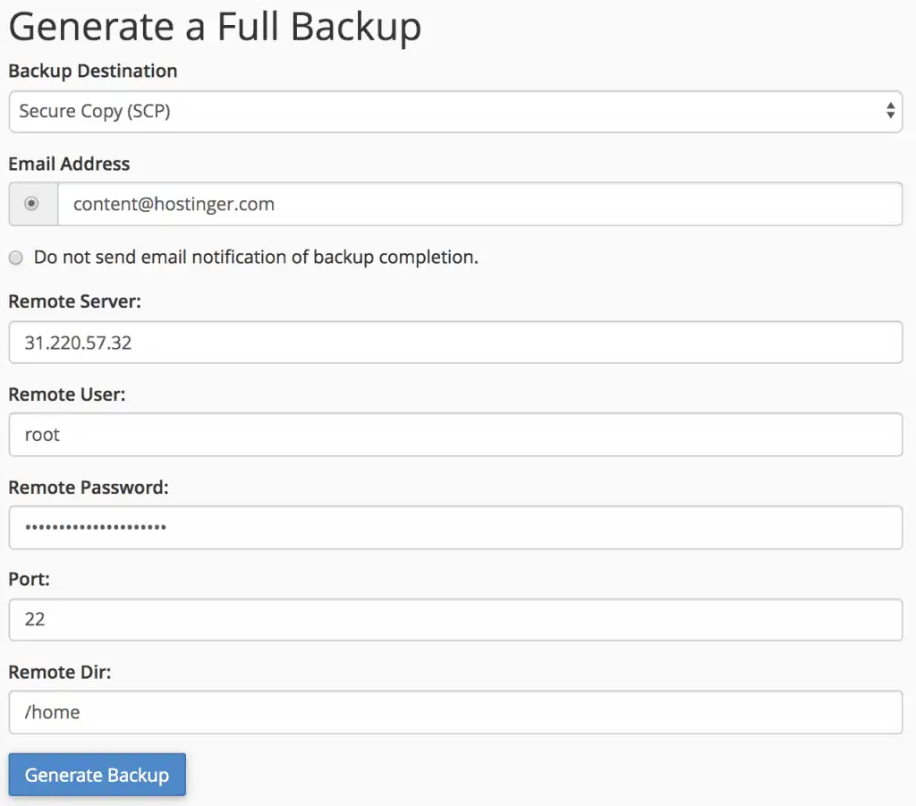 generate and transfer full backup using SCP in cpanel