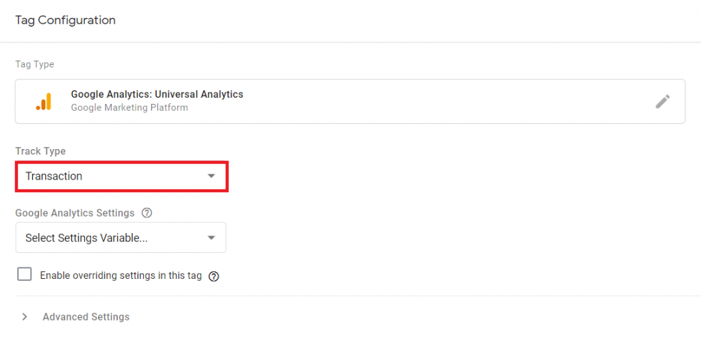 Google tag manager adding a tag menu with track type - transaction selected