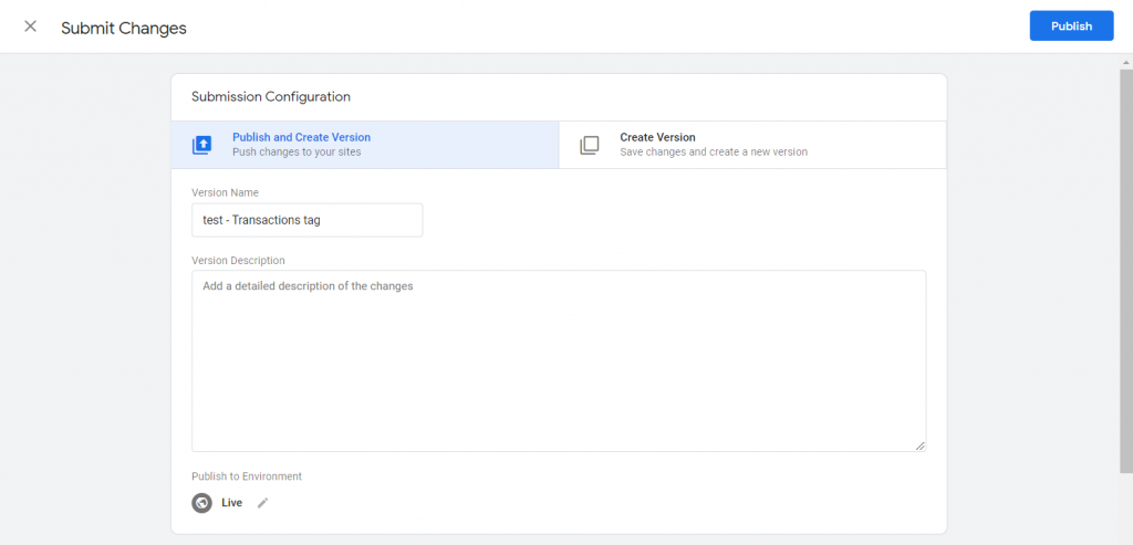 Google tag manager submission configuration screen
