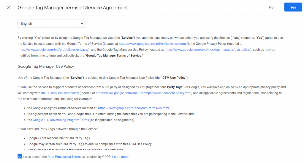 Google tag manager terms of service agreeement