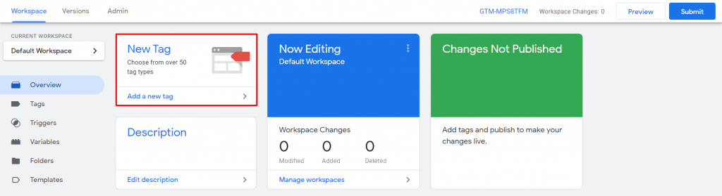 Google tag manager overview menu with new tag highlighted