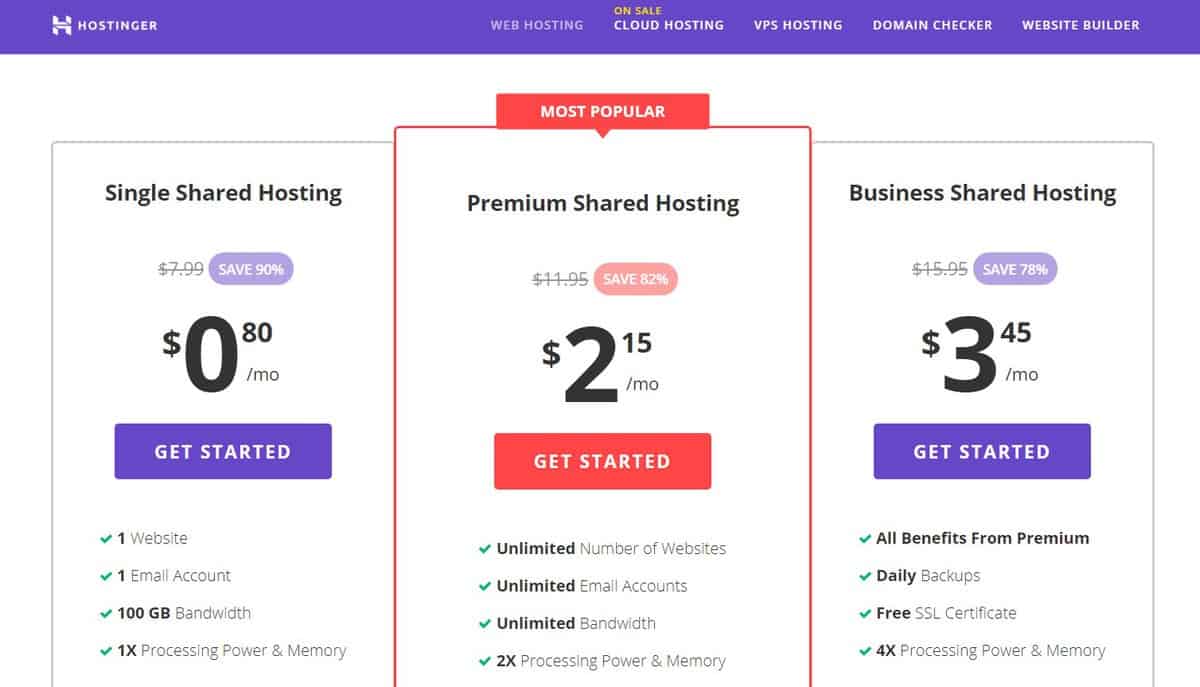 Hostinger Shared Hosting Plan options