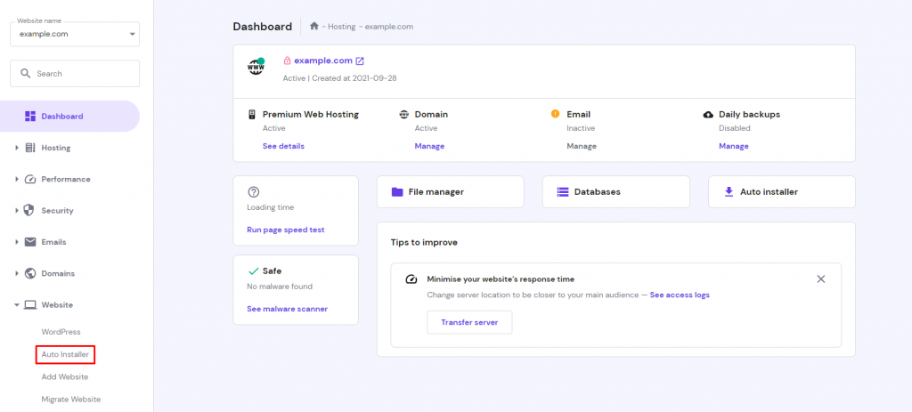 The hPanel hosting dashboard with the Auto Installer highlighted on the left sidebar menu