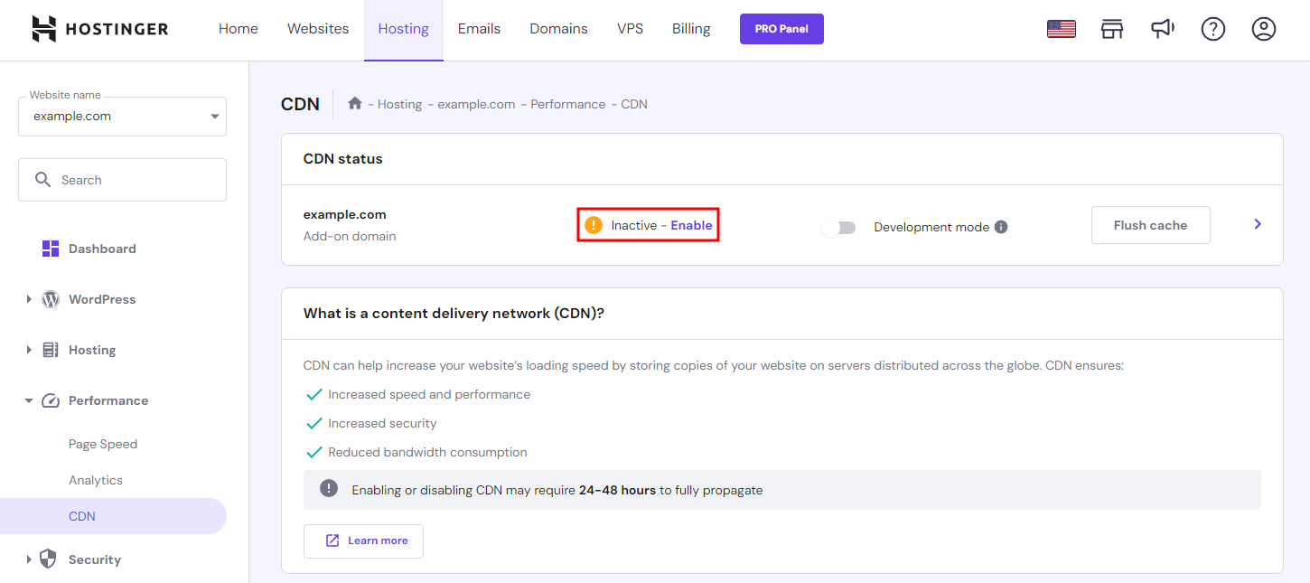hPanel's CDN menu with the Enable button highlighted