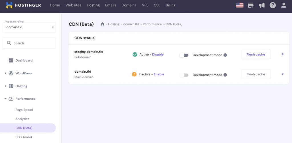 The CDN (Beta) page on hPanel