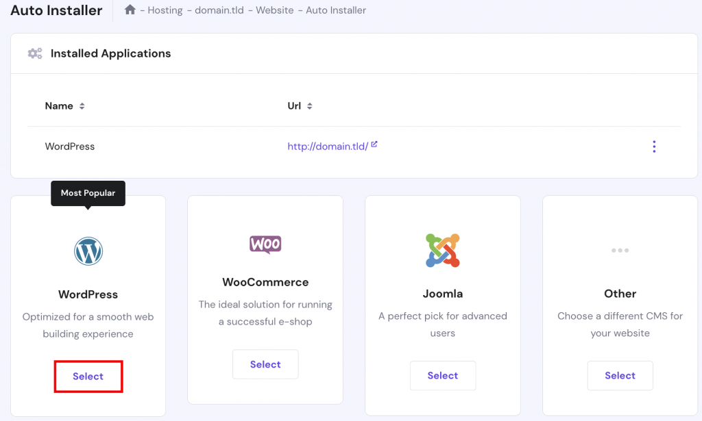 hPanel 自动安装程序,突出显示 WordPress 选择按钮