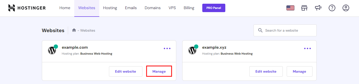 The Website menu on hPanel with Manage highlighted
