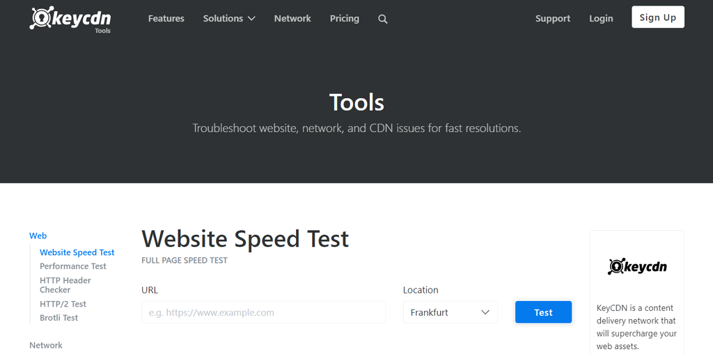 KeyCDN Website Speed Test's homepage