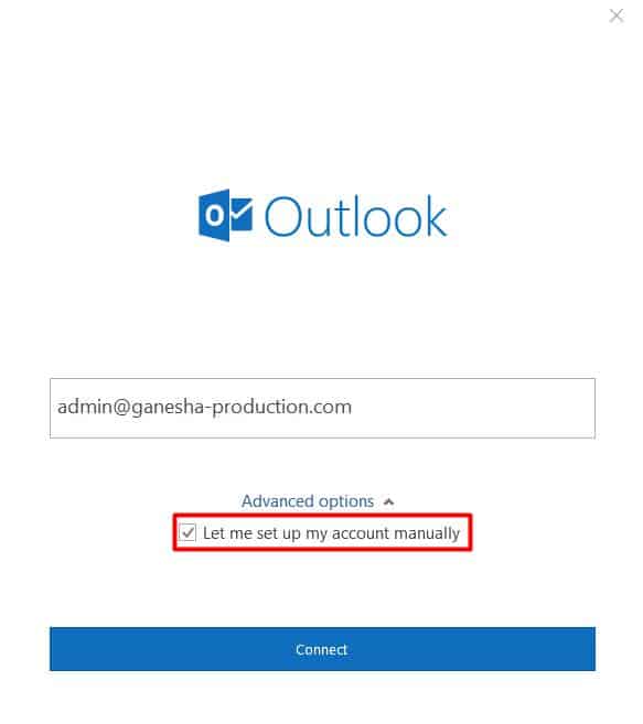 Chọn cài đặt email thủ công trên Microsoft Outlook 2016 login