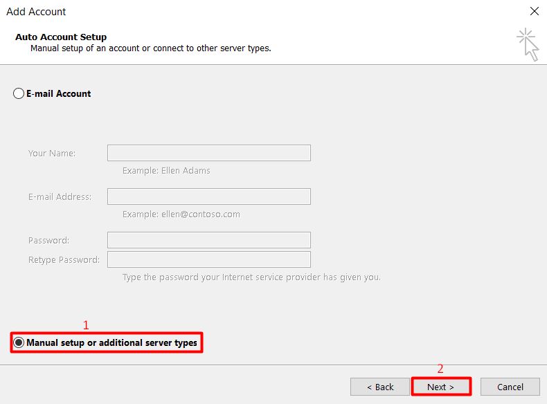 Choisir de saisir manuellement les paramètres de votre adresse électronique et de votre mot de passe pour un compte de messagerie sur Microsoft Outlook 2013.