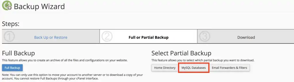 partial backup in cpanel