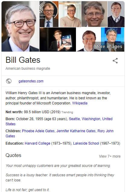 Bill Gates profile powered with person market data markup