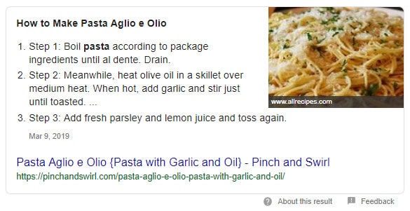 Aglio Olio Recipe page powered with recipe schema markup