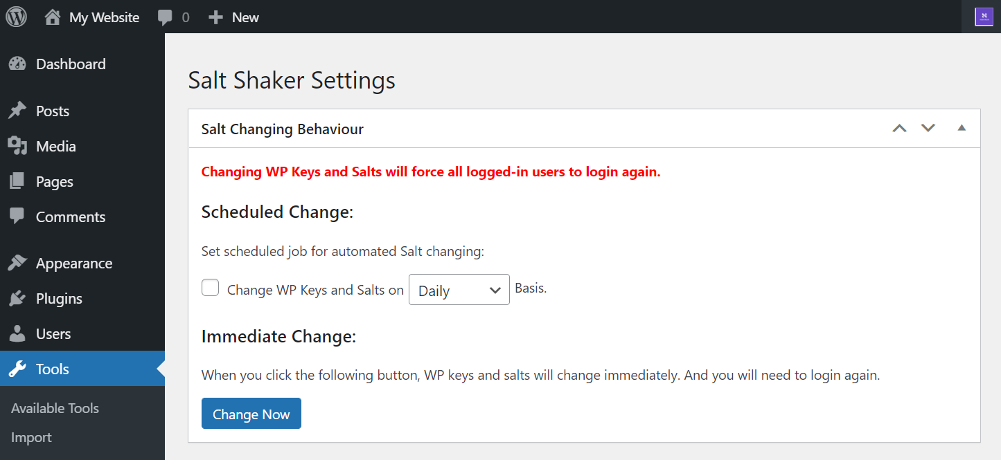 Accessing the Salt Shaker plugin from the WordPress Dashboard.