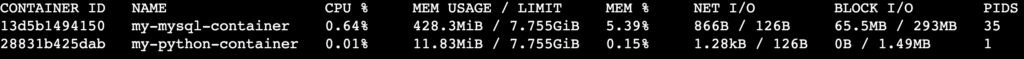 A terminal output after running the docker stats command
