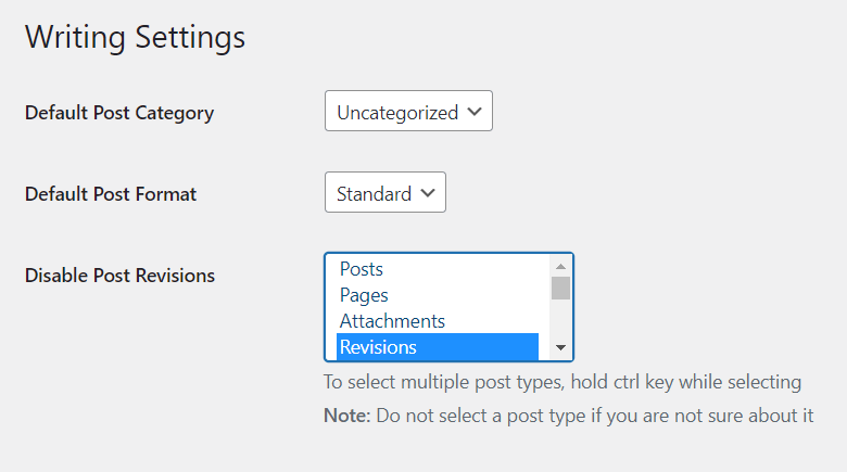 The Disable Post Revision plugin settings page to disable a certain post type's revisions
