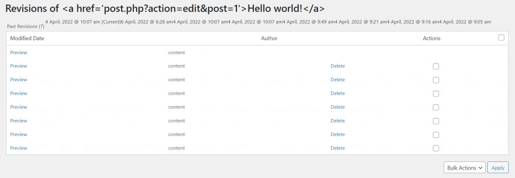 The PublishPress Revisions plugin dashboard containing a delete link to remove revisions in WordPress