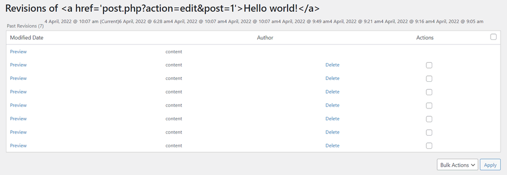 The PublishPress Revisions plugin dashboard containing a delete link to remove revisions in WordPress