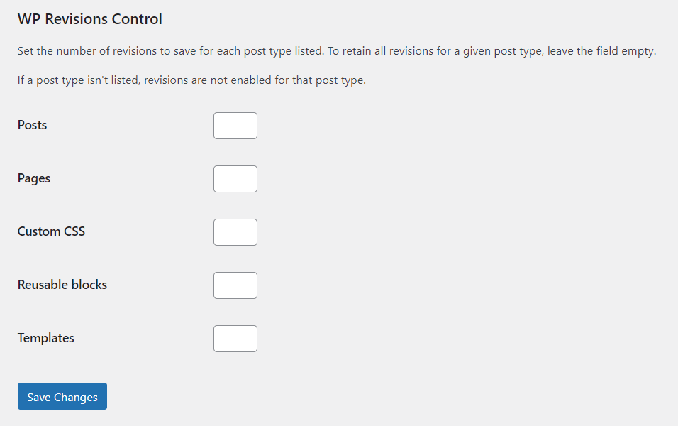 the WP Revisions Control plugin dashboard, showing post types where users can limit WordPress revisions