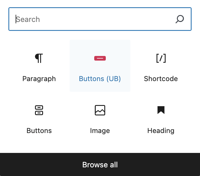 The Ultimate Blocks' Buttons block on WordPress Gutenberg's block browser