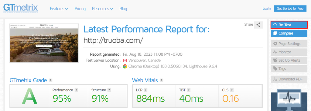 Truoba's, a Hostinger client, GTmetrix test results with Re-Test highlighted