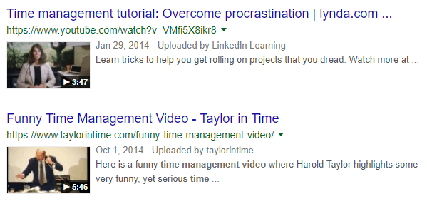 SERP with video schema markup in action