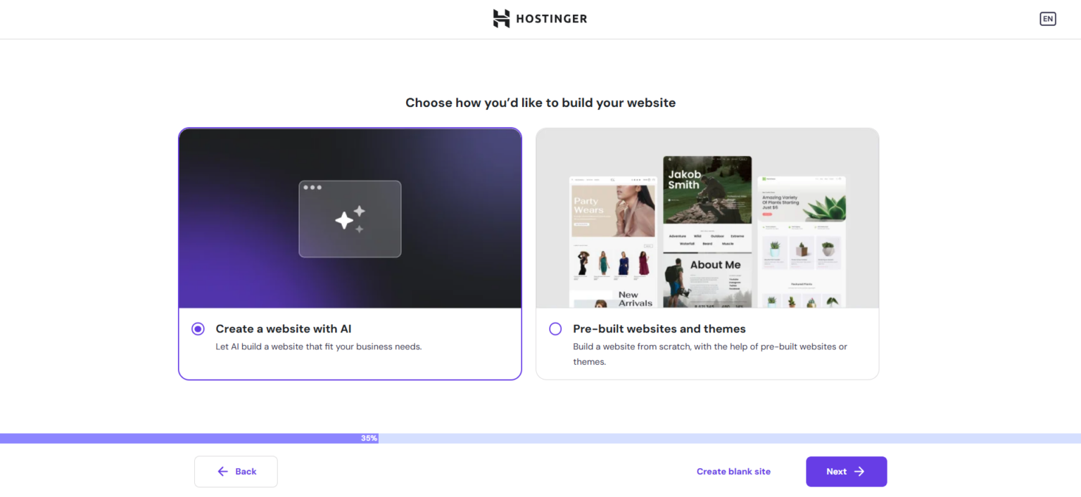 小白教程:用Hostinger五个步骤轻松搭建Wordpress网站 | SeekSEM wordpress website creation tool selection page on hostinger onboarding