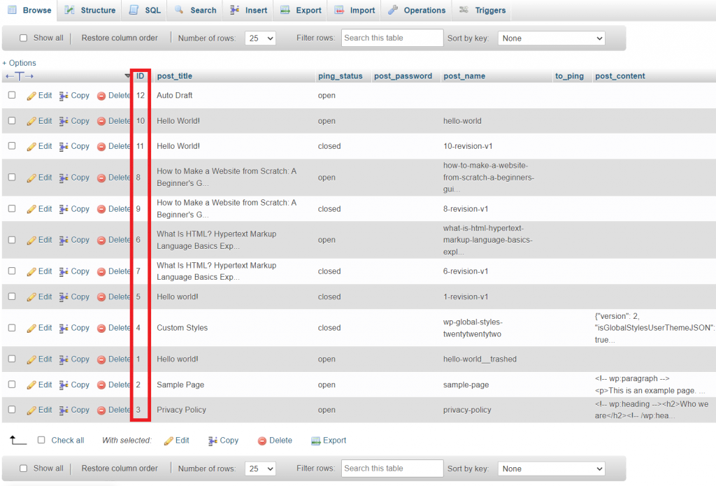 wp_post table inside phpMyAdmin, highlighting a post ID column.