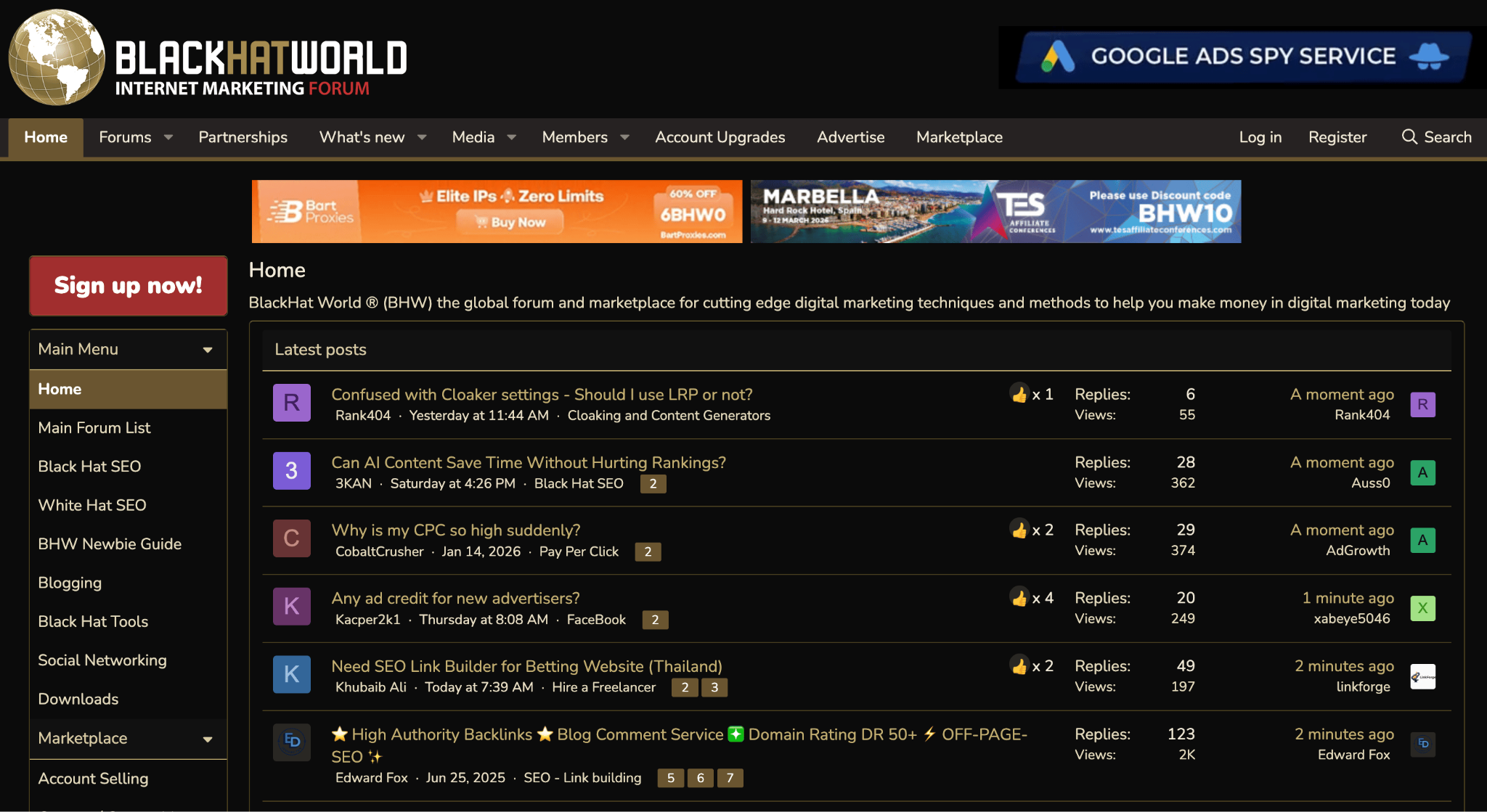 Homepage of BlackHatWorld
