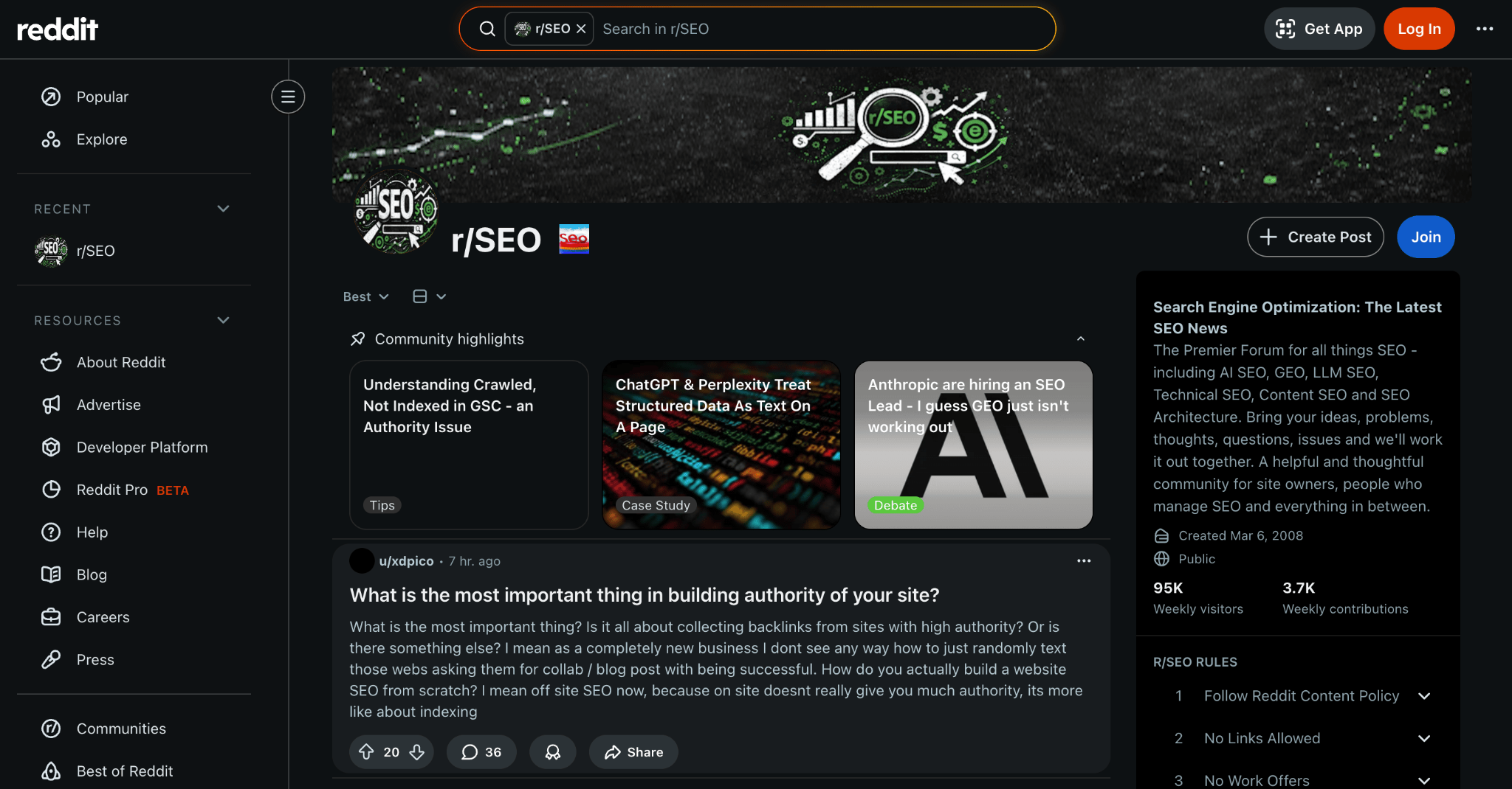 Homepage of Reddit's SEO community